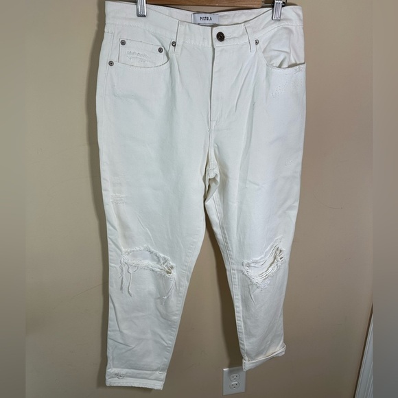 Pistola Womens Jeans Size 31 White Denim Distressed High Rise Straight Leg - Picture 1 of 9